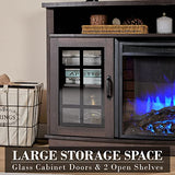 LUXOAK 59" Curved Fireplace TV Console, Entertainment Center Table with Open Shelves and Farmhouse Glass Door Media TV Cabinet Stand for TVs up to 65 LUXOAK