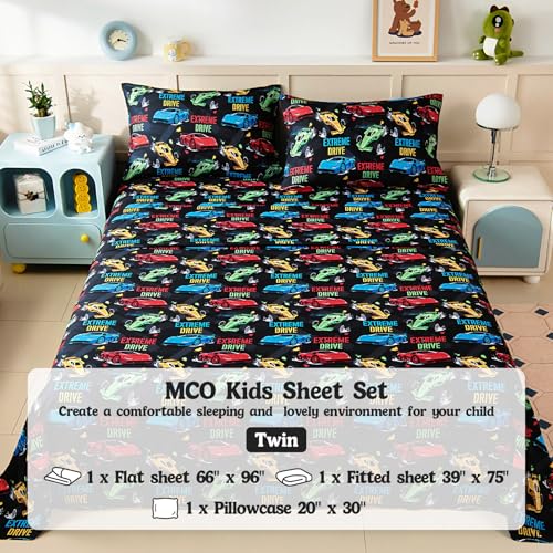 MCO Twin Sheets Set Kids, Soft Microfiber Bed Sheet Set for Boy Girls, 3 Pieces Breathable Twin Sheets Race car Black MCO