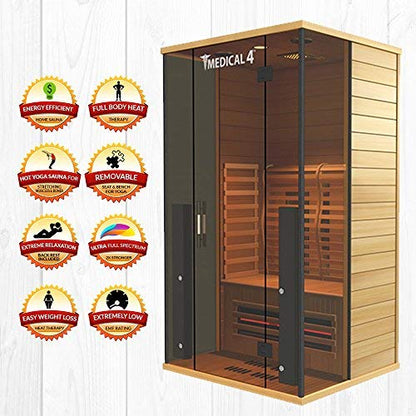 Medical Sauna 4 Full Spectrum | Home Sauna - 2 Person Indoor Infrared Sauna Spa | Oxygen Ionizer, Chromatic Light Therapy, Hot Yoga | Audio System | Full Spectrum, Carbon Heaters | Luxury Sauna