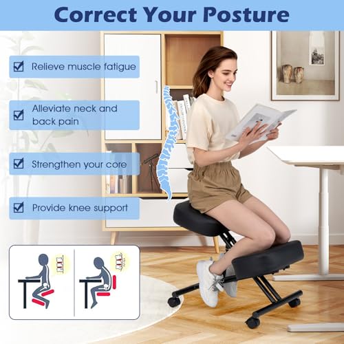 Giantex Ergonomic Kneeling Chair for Office, Knee Stool Chair w/Adjustable Height and Seat Angle to Relieve Pain, Posture Desk Chair w/Lockable Universal Wheels, Thick Padded Cushions, Black (1) Giantex