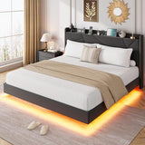 GarveeHome Queen Floating Bed Frame with LED Lights & Charging Station, Upholstered Platform Beds with Storage Headboard & Folding Shelves Storage, Metal Slats Support, No Box Spring Needed, Black GarveeHome