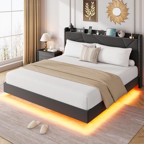GarveeHome Queen Floating Bed Frame with LED Lights & Charging Station, Upholstered Platform Beds with Storage Headboard & Folding Shelves Storage, Metal Slats Support, No Box Spring Needed, Black GarveeHome