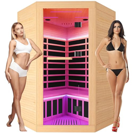 Indoor Sauna Two Person Far Infrared Saunas for Home 1 - 3 Person Wood Sauna Canadian Hemlock 2180W/110V Low EMF Dry Sauna Room with Oxygen Bar/7 Color Therapy/9 Heating Plates/Control Panel/Speaker HOSAUNA