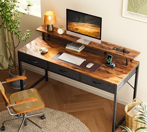 Huuger 55 inch Computer Desk with 3 Drawers, Office Desk Gaming Desk with LED Lights & Power Outlets, Home Office Desks with Storage Space for Bedroom, Work from Home, Rustic Brown - WoodArtSupply