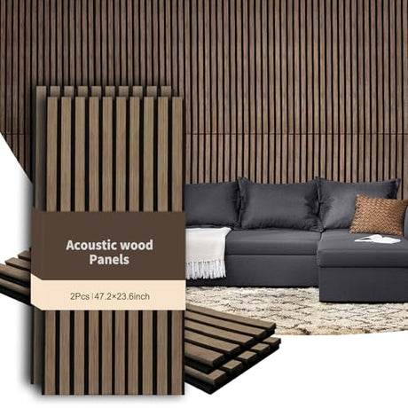 GZFDY 2-Piece Soundproof Wood Slat Wall Panels, 48" X 24" 3D Acoustic wall panel sound absorbing for Ceiling interior wall decor - Walnut GZFDY