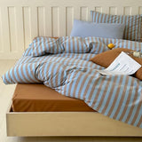 Striped Duvet Cover Set Full, 100% Washed Cotton Vintage Blue Brown Stripes Pattern Printed Comforter Cover, 3 Pieces Breathable Duvet Cover with 2 Pillowcases, Soft Farmhouse Striped Bedding Set LifeTB
