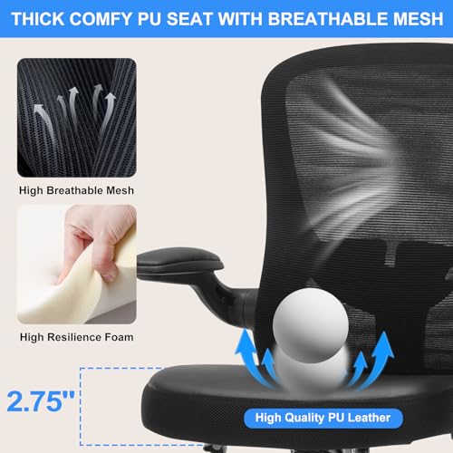 OLYFING Ergonomic Drafting Chair, Standing Desk Chair with Lumbar Support Tall Office Chair with Flip-Up Arms Footrest Ring, Breathable Mesh High Desk Chair with PU Leather Seat Cushion, Black OLYFING