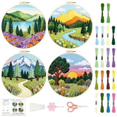 BEUNITONE 4 Set Embroidery Kit for Beginners, Beautiful Forest Scenery Patterns Cross Stitch Kits, Needlepoint Kits for Adults with Hoop, Hand Embroidery Patterns for Cloth and Home Decor