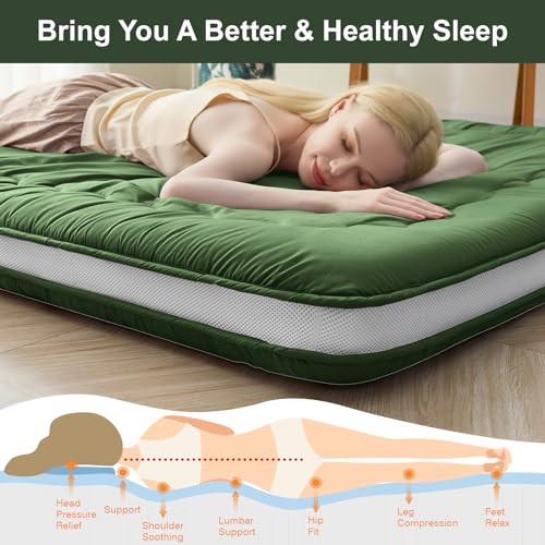 Auemtyn Japanese Floor Mattress, 4" Japanese Futon Mattress, Foldable & Portable Shiki Futon (shikibuton), Roll Up Thicken Sleeping Tatami Mat Sleeping Pad for Camping (Green, 54 x 80) Auemtyn