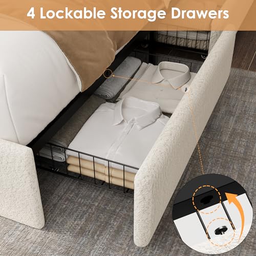 Full LED Bed Frame with 4 Storage Drawers and Storage Headboard, Soft Boucle Upholstered Platform Bed Frame with Charging Station and USB Ports, Solid Wood Slats Support, No Box Spring Needed, Cream Garvee