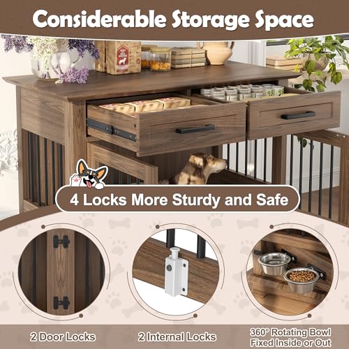 Merax 44.48" Large Dog Crate Furniture with Rotating Dog Bowls, Wooden Dog Kennel Furniture as End Table with 2 Storage Drawers, Decorative Pet Cage Indoor Dog House for Medium Dogs, Brown Merax