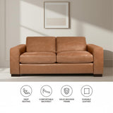 Naomi Home Freya Genuine Leather Loveseat Sofa - Luxurious Comfort, Goose Feather Cushion Filling, Square Arm Design, Sturdy Block Legs, Elegant Tan - Ideal for Living Room, Office, or Bedroom Naomi Home