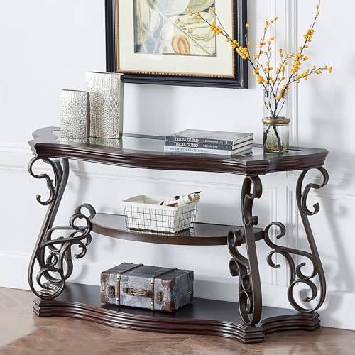 HomVent Vintage Console Table with Glass Top and Scrollwork Metal Legs,Mid-centruy Dark Brown Entryway Table Sofa Side Tables Narrow Tables HomVent