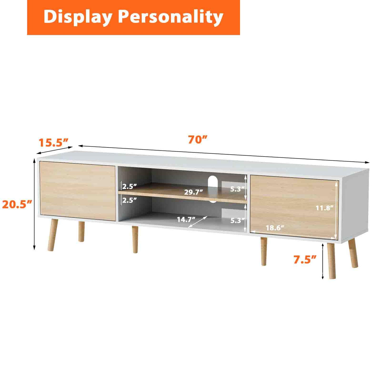 BVIUNTWO TV Stand for 75 Inch TV, Entertainment Center with Storage, 2 Cabinet Media Console Table, Wood Feet, Living Room, Bedroom Furniture,White&Oak BVIUNTWO