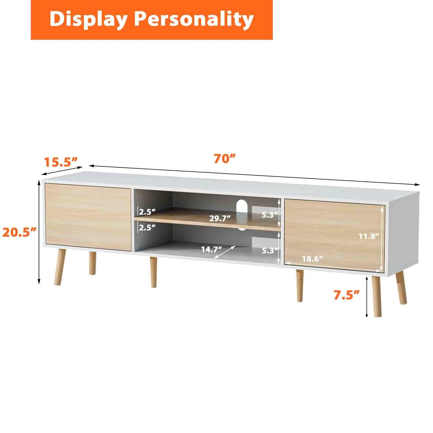 BVIUNTWO TV Stand for 75 Inch TV, Entertainment Center with Storage, 2 Cabinet Media Console Table, Wood Feet, Living Room, Bedroom Furniture,White&Oak