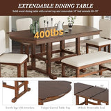 Merax Solid Wood Extendable Dining Table for 4-8 People with Seamless Extension from 60 to 78 Inches, 6-Piece Retro Dining Set with Rectangular Kitchen Table, Bench and 4 Chairs, Space-Saving Design Merax