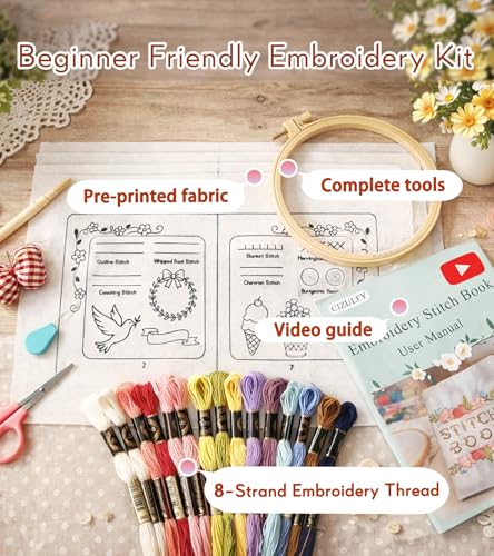 CIZULFY Beginner Embroidery Stitch Book Kit with Pre-Printed Fabric, 30 Essential Stitches and Practice Patterns(Floral Animal etc), Embroidery Beginner kit Adult with Tool and Video Guide CIZULFY