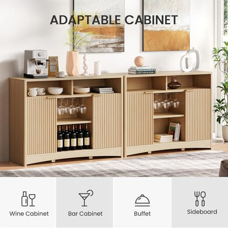 Amada Coffee Bar Cabinet with Wine Glass Rack, 47.2" Buffet Sideboard with Adjustable Shelves, Storage Cabinet for Kitchen,Entryway,Dining Room, Home Bar, Holds 200 lbs, Soft-Close Hinges,Natural Oak AMADA HOMEFURNISHING