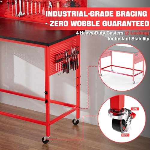 Work Bench, Ferreteriai 47" Heavy Duty Workbench with Power Outlet & USB-C, Exclusive Red Side Battery Holder, Adjustable Height, 2100LB Capacity, Locking Wheels for Garage Workshop Ferreteriai