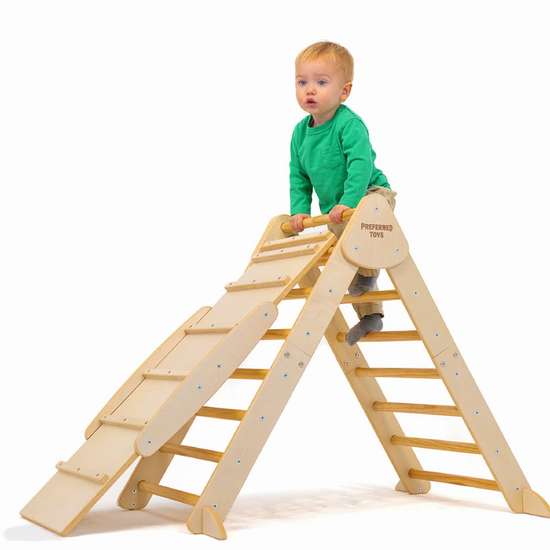 Preferred Toys Pikler Triangle - 3 in 1 Montessori Climbing Set with Slide and Wooden Climber Wall - Foldable Kids Indoor Play Equipment Gym for Boys & Girls (Pikler Triangle with Slide)