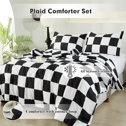 Anrenoti Black White Plaid Comforter Set, 3 Pieces Fluffy Gingham Checkered Down Alternative Comforter Full (79"x90"), Lightweight Microfiber Geometric Bedding with 2 Pillowcases for All Seasons Anrenoti