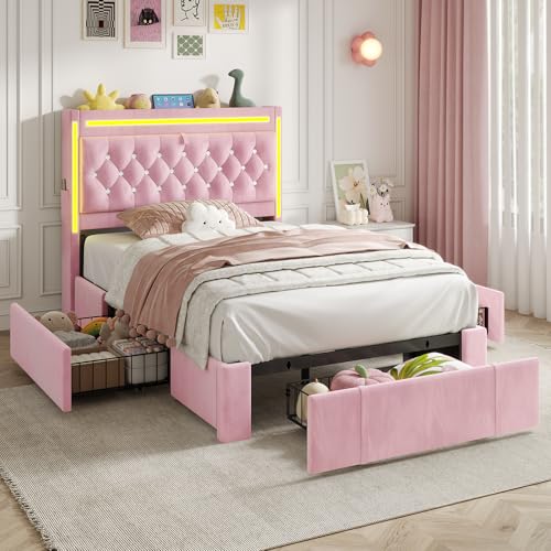 HAUOMS Twin Bed Frame with 3 Drawers, Storage Headboard with Charging Station & LED Lights, Velvet Upholstered Twin Size Girl Bed with Heavy Duty Metal Slats, No Box Spring Needed, Noise Free, Pink HAUOMS