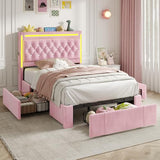 HAUOMS Twin Bed Frame with 3 Drawers, Storage Headboard with Charging Station & LED Lights, Velvet Upholstered Twin Size Girl Bed with Heavy Duty Metal Slats, No Box Spring Needed, Noise Free, Pink HAUOMS