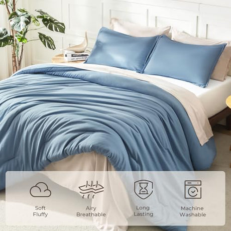 Litanika King Comforter Set Grayish Blue, 3 Pieces Lightweight Solid Bedding Comforter Set, All Season Fluffy Bed Set (104x90In Comforter & 2 Pillowcases) Litanika