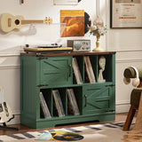 Joaxswe Large Record Player Stand with Vinyl Storage Up to 450 Albums, 39 Inch Farmhouse Wood Green Vinyl Records Storage Cabinet with Barn Doors, Mid-Century Accent Turntable Stand for Living Room Joaxswe