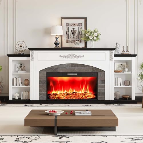 BLANKSPACE 80" Electric Fireplace TV Stand with 30" Heater Insert, Farmhouse Entertainment Center & Mantel Console for TVs Up to 90", White Black Finish with Remote BLANKSPACE