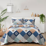 Dinjoy Reversible Patchwork Quilt Bedding Set Full Size Blue Green Grey Plaid Floral Pattern Bedspread Set Soft Microfiber Coverlets Bed Set 3 Pieces Spring Summer Fall Use (78x90 inches) Dinjoy