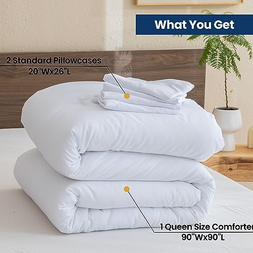 Paxrac Classic Pure White Comforter Queen Size, 3 Pieces Boho Comforter Set, Lightweight Solid Bedding Set, All Seasons Soft Breathable Queen Comforter Set (90x90In Comforter & 2 Pillowcases) Paxrac