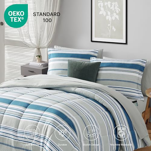 Monbix Queen Comforter Set - 7 Pieces Bed in a Bag Queen, Blue-Stripe Bedding Sets, All Seasons Comforter Bed Set with Sheets, Pillowcases & Shams Monbix