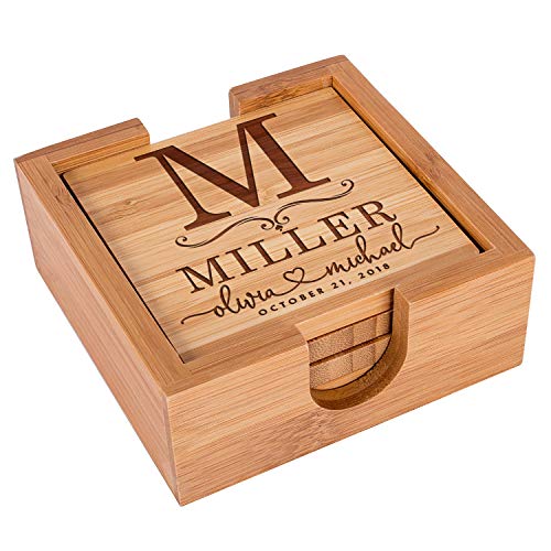 Personalized Coasters, Set of 4 w/Holder - Custom Bamboo Coaster for Drinks - 14 Designs - 4" x 4" - Wedding Gifts for The Couples, Bridal Shower Gifts, Coaster Set with Holder Be Burgundy