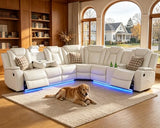 Breathing Leather Reclining Sofa Set,Power Recliner Sectional Couch with LED Light,Modern Living Room Furniture Set,Reclining Sectional Couch Set with USB Port/Storage for Home/Home Theater