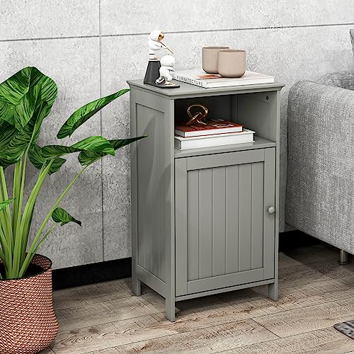 CLEEMAN Bathroom Storage Cabinet, Freestanding Wooden Bathroom Floor Cabinet with Door, Open Shelf, 3-Level Adjustable Shelf, Multipurpose Side Storage Organizer for Living Room, Kitchen (Grey) CLEEMAN