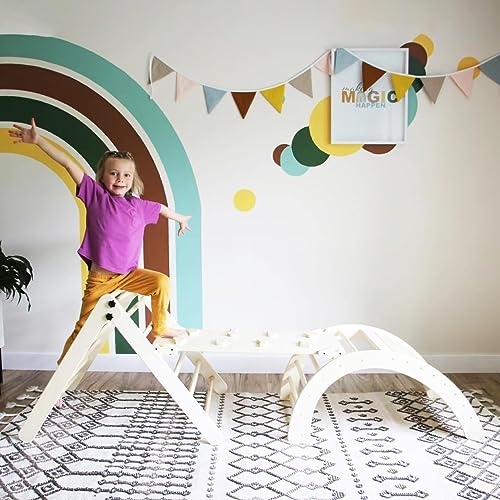 Wooden Climbing Toy for Kids Set - 4 in 1 Triangle Set with Ramp and Arch Climber, Toddlers Foldable Ladder, Safe and Sturdy for Rocking Arch, Climbing Ramp, Climbing Arch, Slide, and Climb Triangle