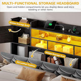 DWVO King Size Bed Frame with RGB LED Lights & Storage Bookcase Headboard, Upholstered Bed with Charging Station and 4 Drawers, No Box Spring Needed, Easy Assembly, Noise-Free, Velvet Grey DWVO