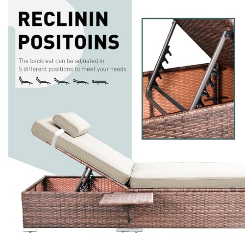 Rophefx Outdoor PE Wicker Patio Lounge Chairs Set of 2, Outside Rattan Pool Lounge Chair with Cup Holder & Adjustable Backrest, Brown Rattan Recliners for Poolside Deck Beach Yard (Beige Cushions)
