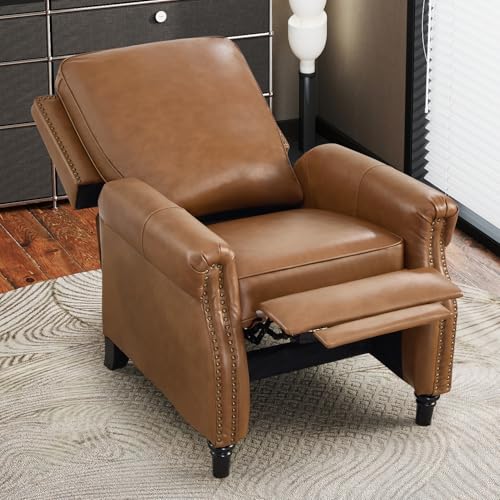 CANMOV Push Back Recliner Chair, Genuine Leather Pushback Reclining Chair with Padded Seat, Wingback Recliner with Rivet Decoration Single Sofa Recliner for Living Room Apartment, Brown