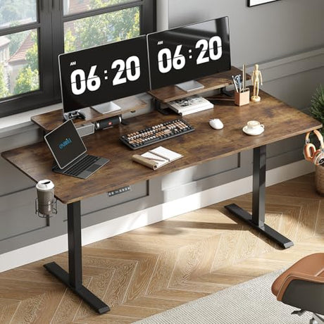 ONBRILL Standing Desk with 2 Adjustable Monitor Shelves, 63 x 24 Inches Electric Stand Up Desk with Memory Controller and Adjustable Height from 28-46 inches for Computer Workstations, Rustic Brown ONBRILL
