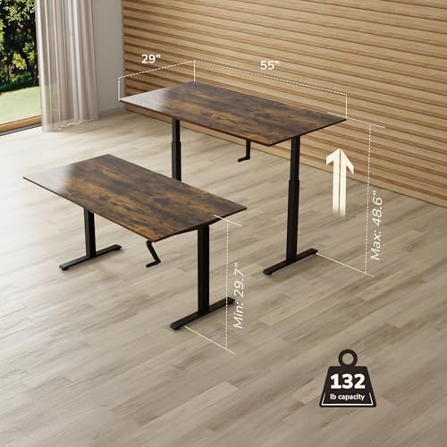 Mount-It! Hand Crank Standing Desk with 55" One-Piece Oak Pattern Tabletop | Manual Adjustable Desk, Smooth Hand Crank Sit-Stand, One-Piece Seamless Surface, 132 lb, Black Frame Mount-It!