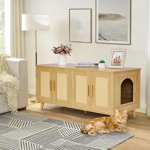 Homhedy Boho Cat Litter Box Enclosure for 2 Cats,Litter Box Furniture Hidden with Double Rattan Decorated Doors,Wooden Cat Washroom Furniture,Cat House,47.2”L x 19.7”W x 21.7”H, Natural Homhedy