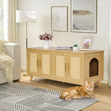 Homhedy Boho Cat Litter Box Enclosure for 2 Cats,Litter Box Furniture Hidden with Double Rattan Decorated Doors,Wooden Cat Washroom Furniture,Cat House,47.2”L x 19.7”W x 21.7”H, Natural Homhedy