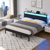 King Size Bed Frame with LED Lights and Charging Station, King Size Platform Bed with Metal Slats and Wood Headboard, No Box Spring Needed，Black Liians