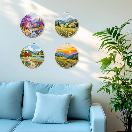 BEUNITONE 4 Pack Beginner Embroidery Kit for Adults, Fairy Tale Nature Landscape Pre-Stamped Pattern Needlepoint Kits with Hoop, Tools & Instruction, Hand Embroidery Kits for Fabric and Home Decor BEUNITONE