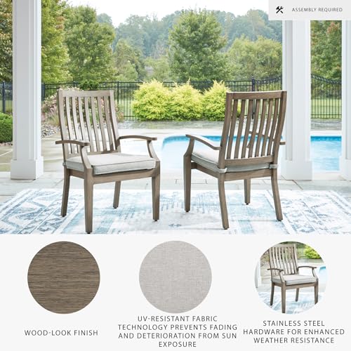 Signature Design by Ashley Rainier Ranch Contemporary Rust Resistant Aluminum High Back Outdoor Arm Chair with Loose Seat Cushion, Set of 2, Light Brown & Beige Signature Design by Ashley