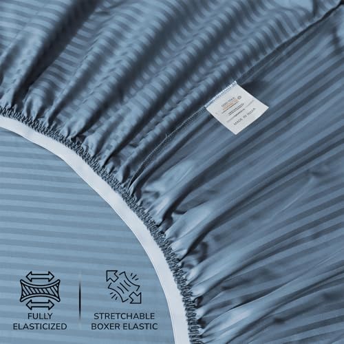 Feather & Stitch 500 TC Queen Size Damask Bed Sheet Set, 100% Cotton Soft Breathable Bedsheets, 4 Piece 18" Deep Pockets Sateen Weave Striped Bedding Mattress Resort Hotel Luxury Décor - (Blue Stripe) FEATHER & STITCH NEW YORK