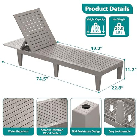 Hoiplu Outdoor Lounge Chairs Set of 2 for Poolside Patio, Weather-Resistant Pool Chaise Lounge with Adjustable Backrest, Resin Tanning Chair Sun Lounger for Outside Deck, Beach, Sunbathing, Taupe Hoiplu