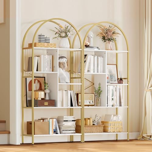 YITAHOME 5-Tier Gold Arched Bookshelf - Elegant White & Gold Storage Rack for Home, Office, and Living Space YITAHOME